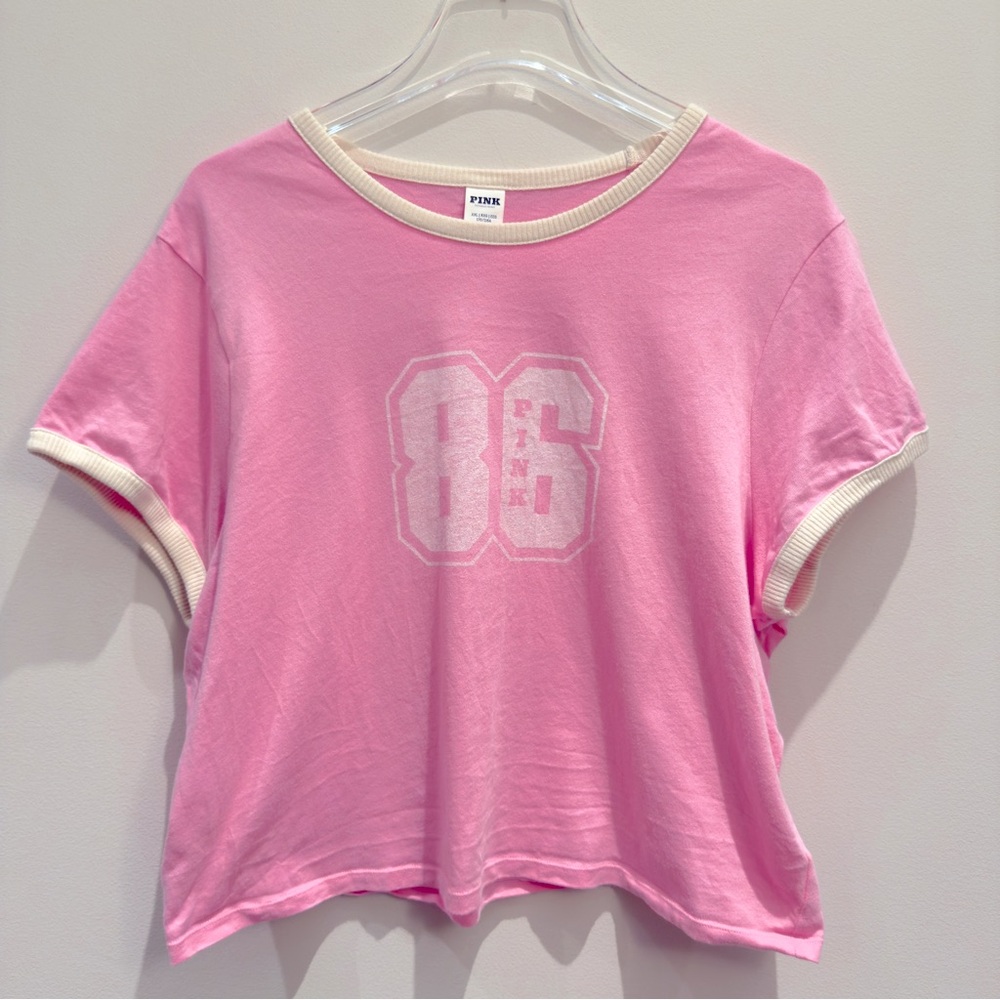 PINK Victoria's Secret Pink Crop Tee with Cream Trim 86 Pink Graphic Size XXL
